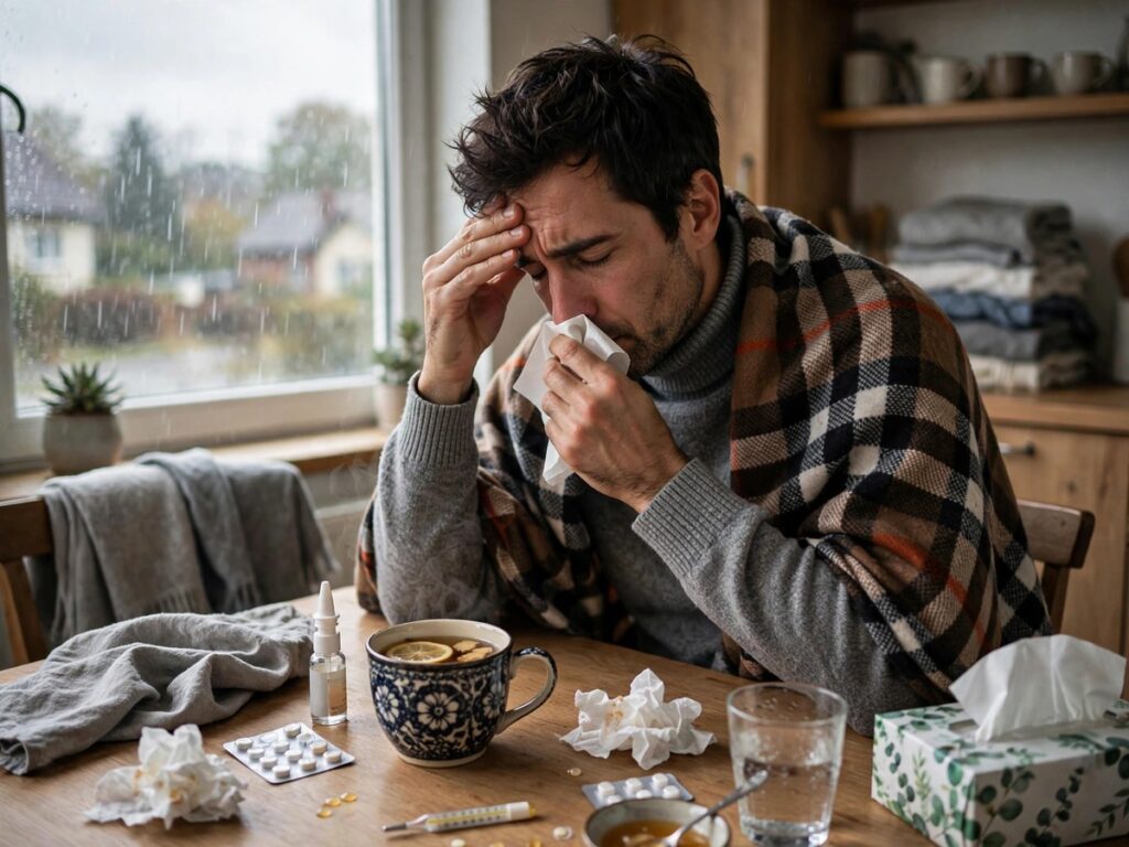 Person preparing for fall respiratory illness season with tissues and medicine