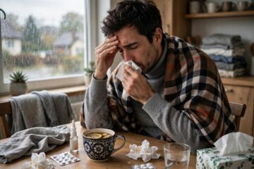 Person preparing for fall respiratory illness season with tissues and medicine
