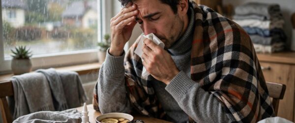 Person preparing for fall respiratory illness season with tissues and medicine