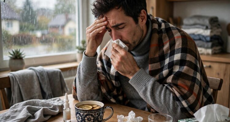 Person preparing for fall respiratory illness season with tissues and medicine
