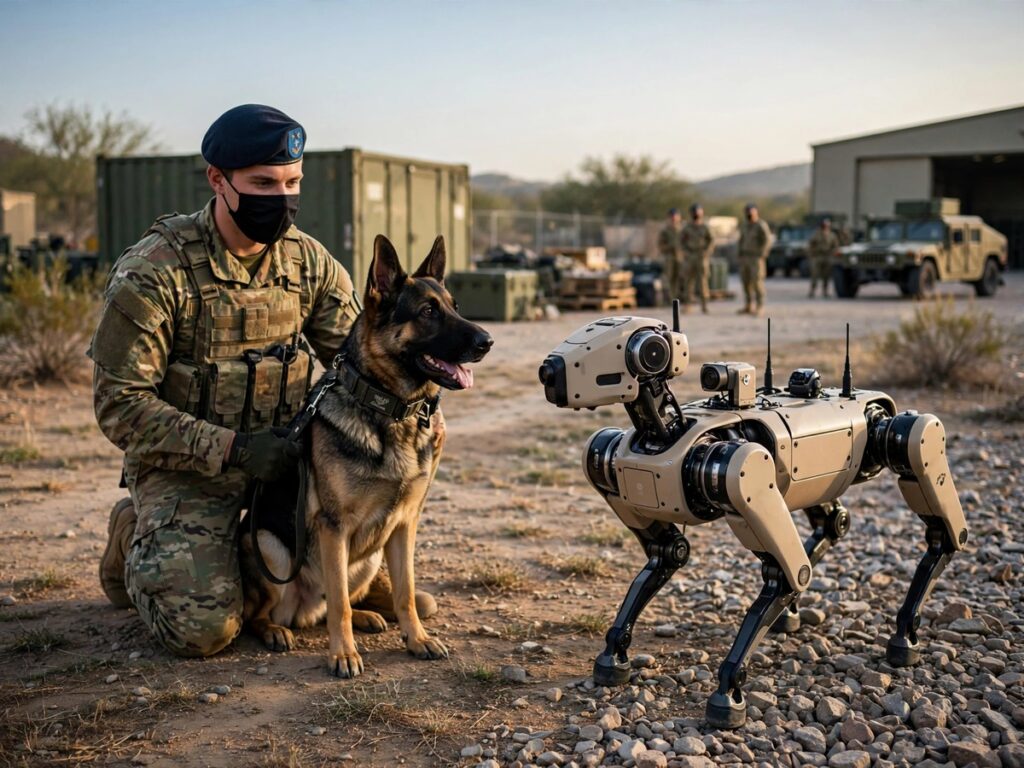 Remote-controlled robot dog patrolling an Atlanta apartment complex at night