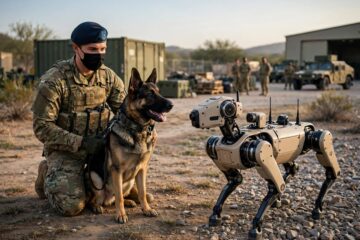 Remote-controlled robot dog patrolling an Atlanta apartment complex at night