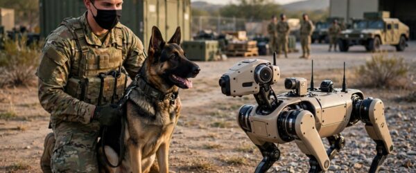 Remote-controlled robot dog patrolling an Atlanta apartment complex at night