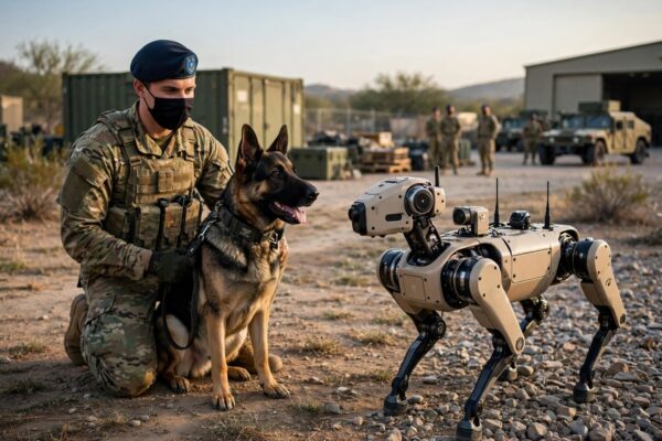 Remote-controlled robot dog patrolling an Atlanta apartment complex at night